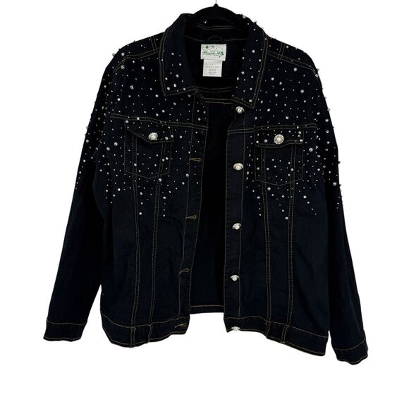 Quacker Factory Jean Jacket size Large Silver Pearl Embellished Dark Blue Denim - Picture 1 of 11